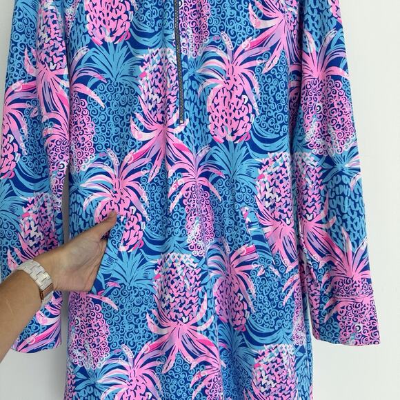 Lilly Pulitzer Skipper Popover Dress Large Blue Pink Pineapple Tropical Resort - Picture 4 of 12